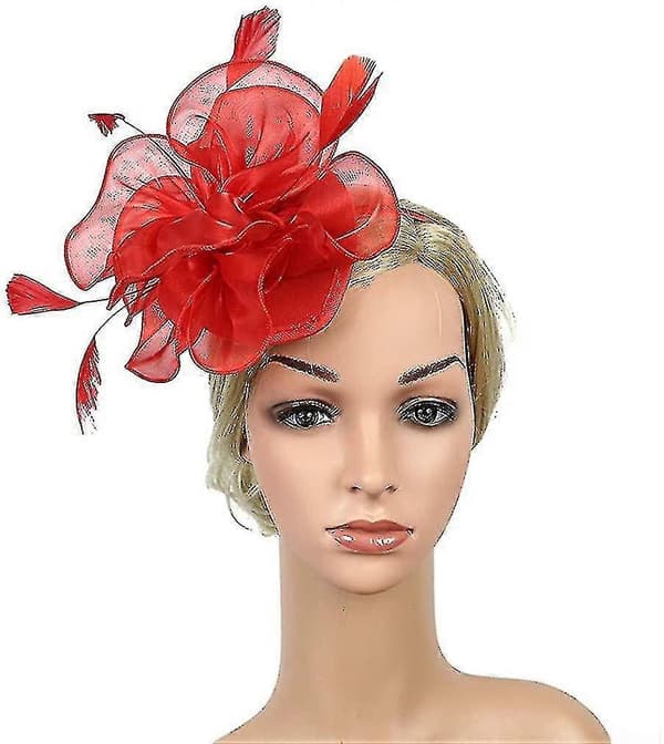 Fjer Mesh Party Hat Blomster Glitter Tiara Klips Og Pandebånd Til Kvinder Red