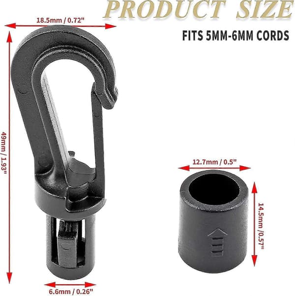 12 st Bungee Shock Cord End Hooks, svarta plast Shock Cord End Snap Hooks för 1/4 tums diameter rep