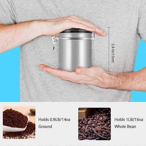 Kaffe-/tebønnebeholder i rustfritt stål med ventil, total beskyttelse mot oksidasjon (sølv)