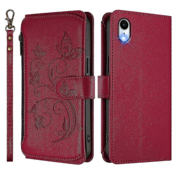 Plånboksfodral för iPhone XR Broderad Fjäril 5 Kort ..._c* Red