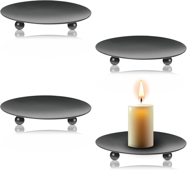 4 stk. søylelysestaker, lysfat for søylelys, metalllysfat, retro lysestakebrett