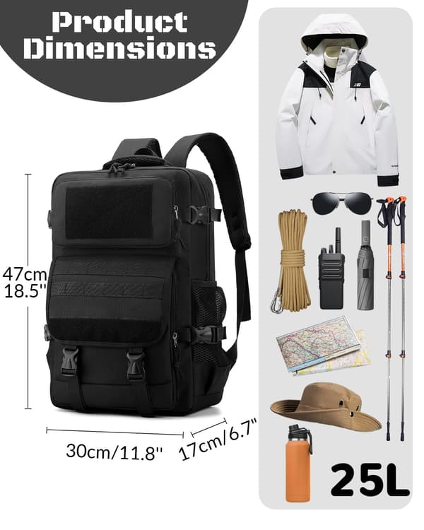 Waterproof Tactical Backpack for Men, 25L Padded Military Work Backpack with Molle System and Multi-Pockets, Army 3-Day Assault Backpack Black