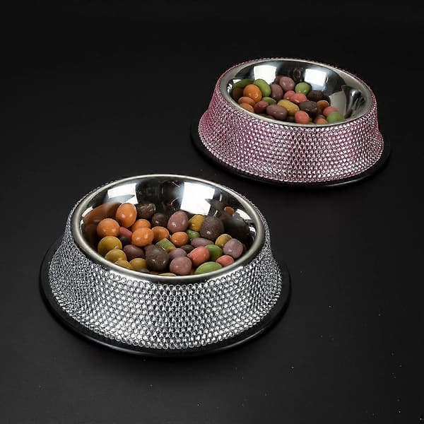 Hundefoderskåle i rustfrit stål med rhinsten til hunde og katte Silver