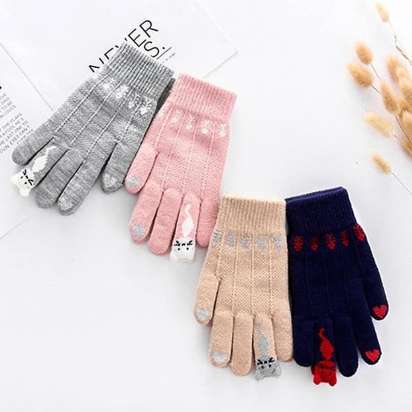 Vinter Dame Söde Tegneserie Katte Touchscreen Handsker Fuld Finger Strikkede Vanter Pink
