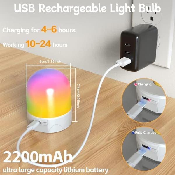 USB-charged RGB LED lamp with remote control - E27 smart bulb, 12 colors + dimmable (800 lumens), 3-hour timer, rechargeable night light