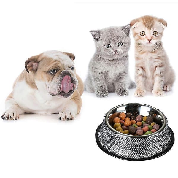 Hundefoderskåle i rustfrit stål med rhinsten til hunde og katte Silver