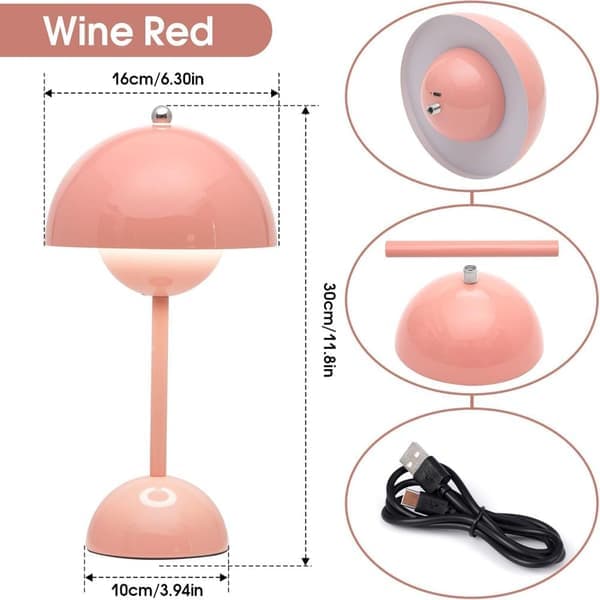 Bud Lamp 30 cm Cordless Touch Lamp Dimmable, 2000mAh Rechargeable Table Lamp, Nordic Bedside Lamp Wine Red Wine Pink