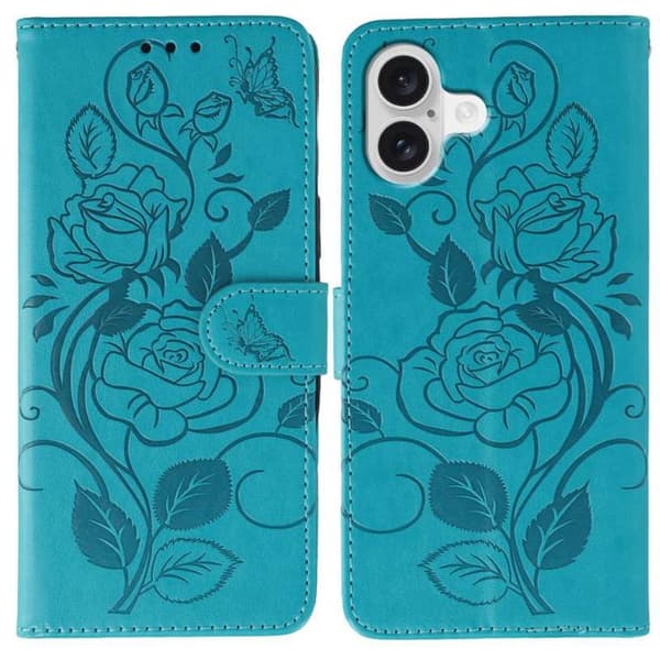 iPhone 17 Skal läderfodral med rosafärgad fjärilsmönstring Blå