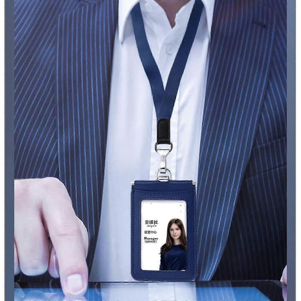 Leather ID Card Holder with Detachable Lanyard for Office Use Black Vertical
