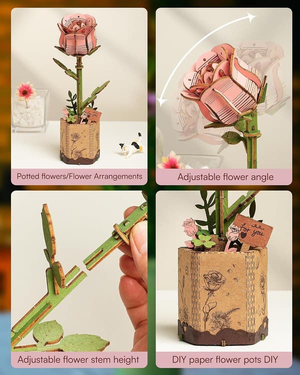 Dekorativt trepuslespill med kunstig blomst, 3D-tre (rosa rose)