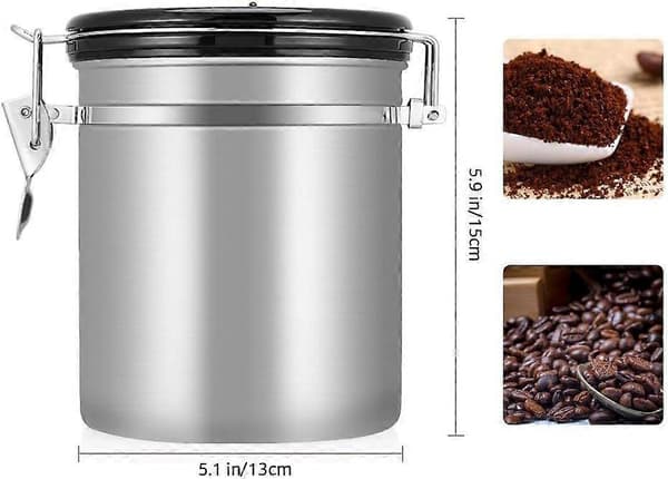 Kaffe-/tebønnebeholder i rustfritt stål med ventil, total beskyttelse mot oksidasjon (sølv)
