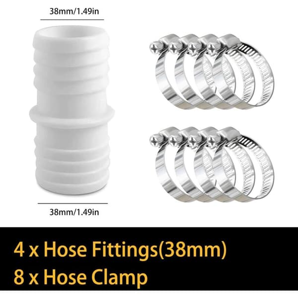 4 pcs 38mm Hose Connector with 8 pcs Hose Clamps - Double Hose Adapter (White)