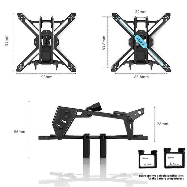 2-tums FPV Drönarramkit 115 mm Kolfiber Stöder Anpassad Utskrift Batterifack för RC FPV Freestyle Drönare Black