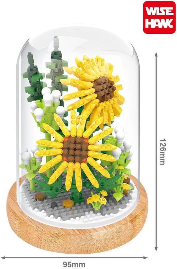 Mini blomsterbyggesæt med træfod og kuppelformet låg, solsikke