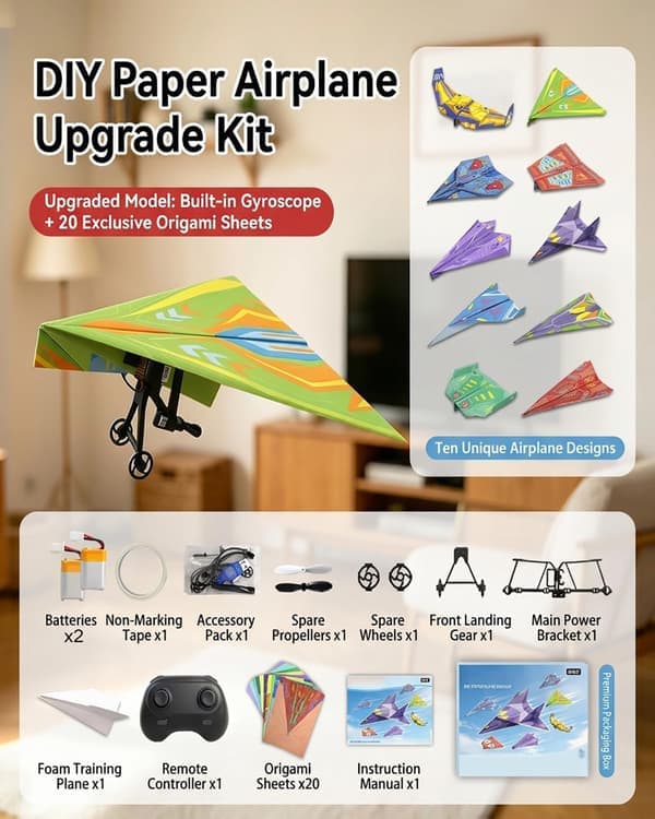 RC Paper Airplane Motor Kit DIY Model Airplane Starter Kit with Gyro Stabilizer Dual Propellers Foldable Electric Remote Control w/ Plane E