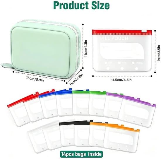 Waterproof Pill Pouch Set - 14-piece A8 Pill Organizer - 7-14 Day Medication - Unbreakable Case - Green - 1 Set