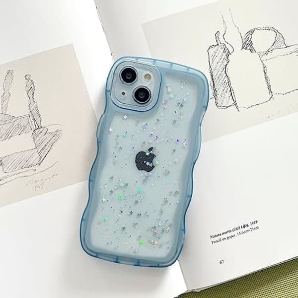 iPhone XR Case 6.1 inch Curly Wave Pattern Transparent Bling Glitter Star Shiny Case Cute Clear Transparent Full Pro