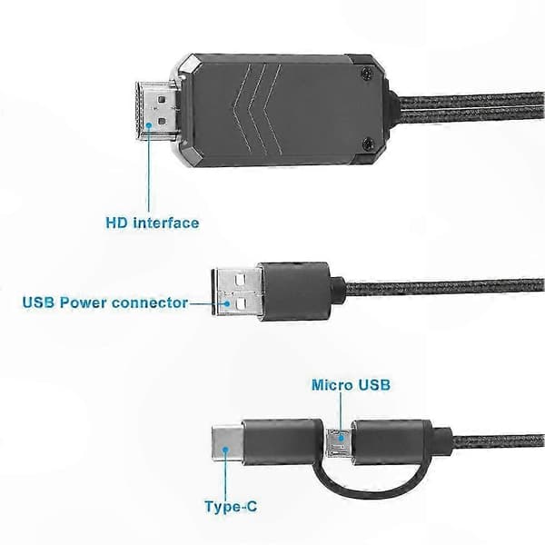 2m flettet USB-C til HDMI-kabel med Micro USB og Bluetooth 1080P-støtte