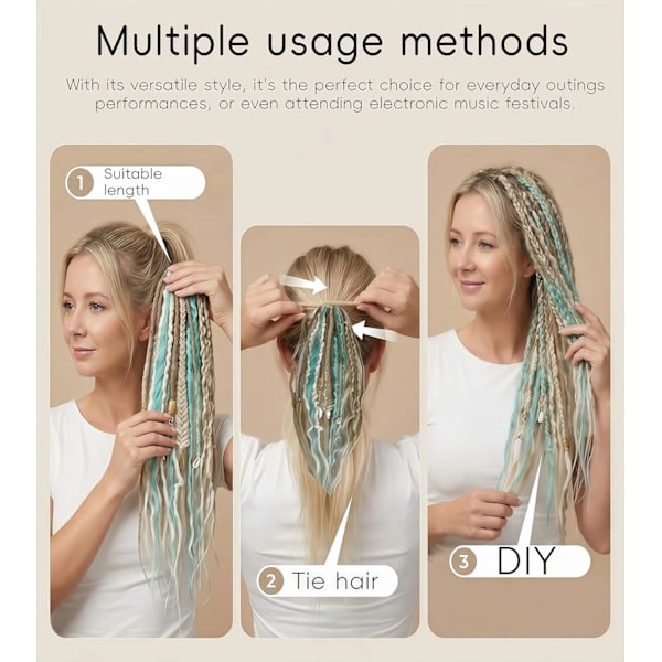 Elastisk Dread Ponytail, med Hårrep, Boho Flätad Ponytail Extension, med Pärlor, Snäckor och Berlocker, Handflätad Lång Dreadlock Ponytail Ljusgrå