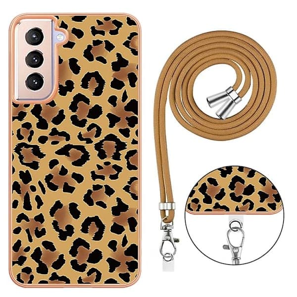 For Samsung Galaxy S21+ 5g Electroplating Double-Sided Imd Mobile Phone Case With Lanyard Leopard Print