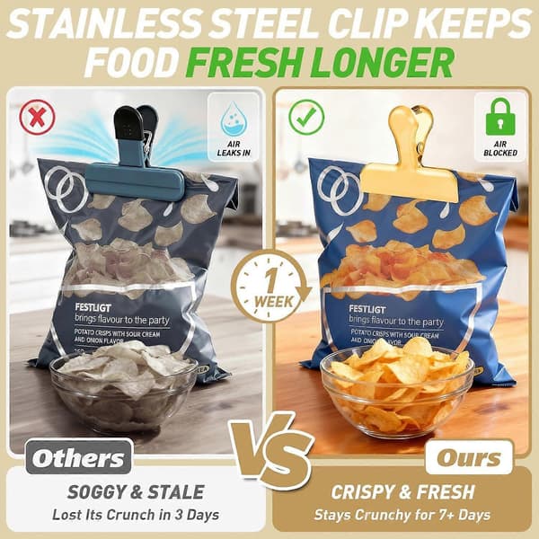 Chipsklyper Poseklyper Gull Rustfritt Stål Klype for Matoppbevaring, Lufttett Forsegling Chipsposeklype 3 Tommer Sterk Matklype for Snacks, Chips, Kjøkken