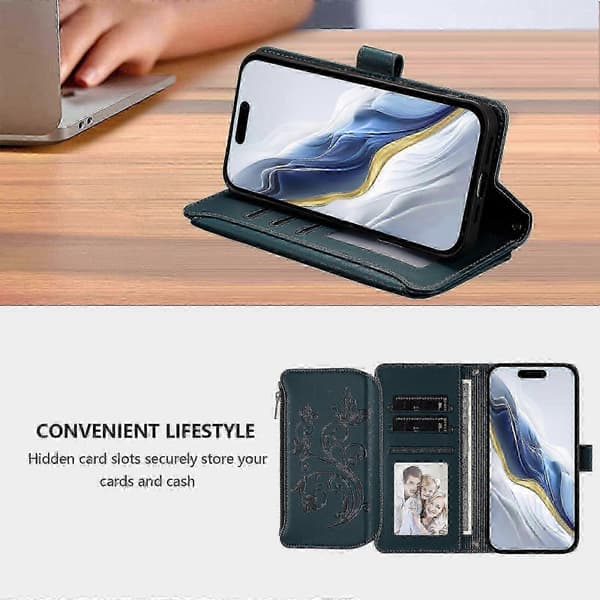 Plånboksfodral för iPhone XR Broderad Fjäril 5 Kort ..._c* Teal