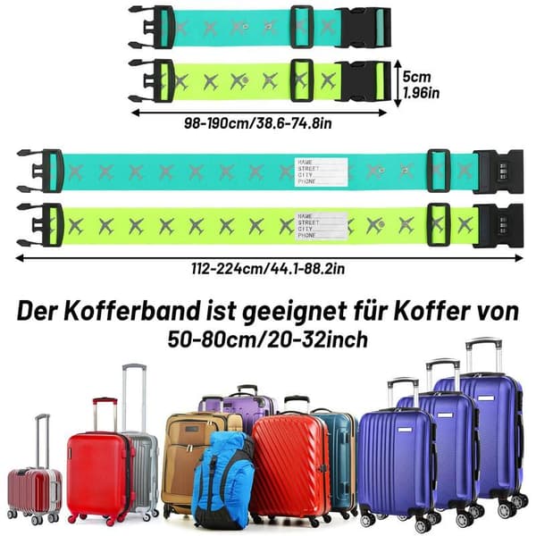 2-pack Reflective Luggage Strap with Number Lock - Suitcase Baggage Belt & Suitcase Strap Blue