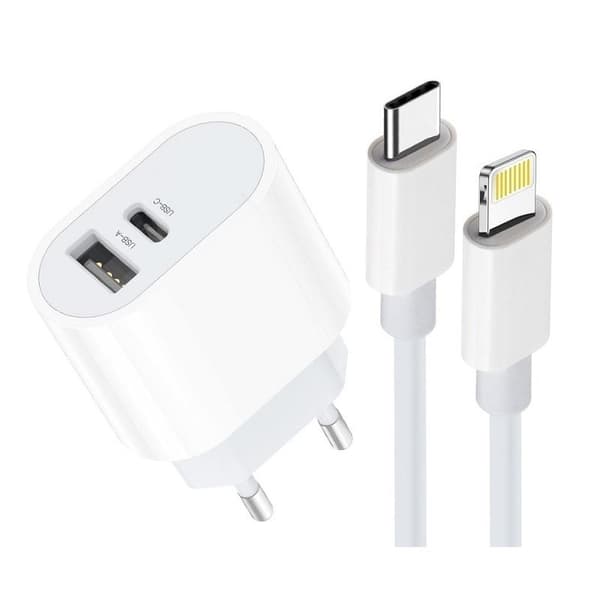 iPhone Hurtiglader Dobbelt Port USB-C Strømadapter med Ladekabel Hvid White White