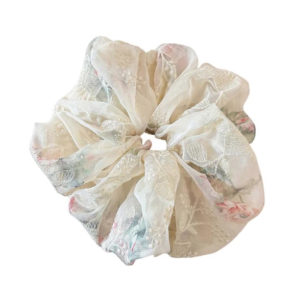 Blomstret Mesh Scrunchie Broderet Stor Hårelastik Blød Elastik til Hestehale og Knold Styling Daglig Brug Vit