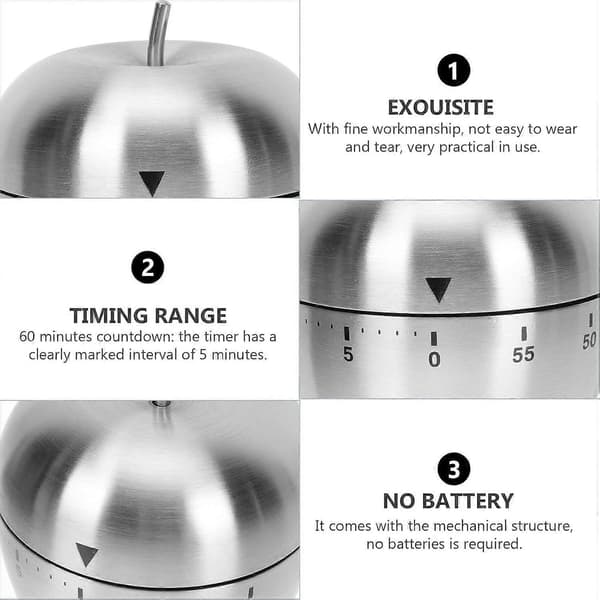 Æbleformet mekanisk timer til køkkenmadlavning og bagepåmindelse 60 minutters nedtælling bærbar metaltimer 2.95X2.36X2.36 tommer