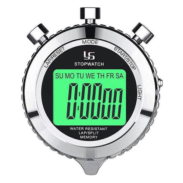 Digitalt stopur timer metal stopur med baggrundsbelysning, 2 omgangs stopur timer til sportskonkurrence Silver