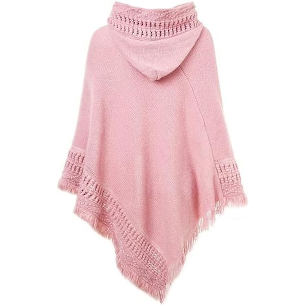 Stilig Varm Heklet Poncho Cape med Hette (Rosa) for Høst Vinter Kvinner