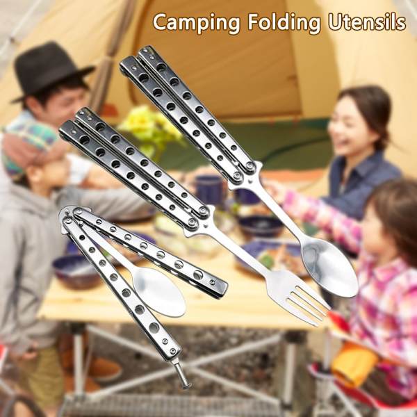 Sammenklappelig sommerfuglegaffel og ske i rustfrit stål til camping Fork