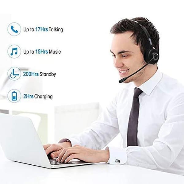 Bluetooth Headset til Mobiltelefoner, Kontorheadset med Støjreducerende Mikrofon og Ladeboks, PC Headset