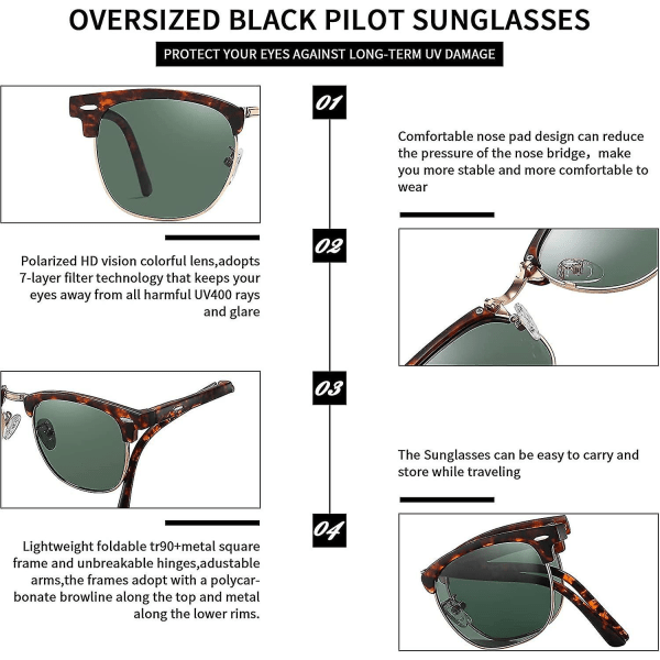 Polarized Aviator Folding Browline Solglasögon: Mini Travel Portable Square Halvbåglösa Spegeluppfällbara glasögon för körning