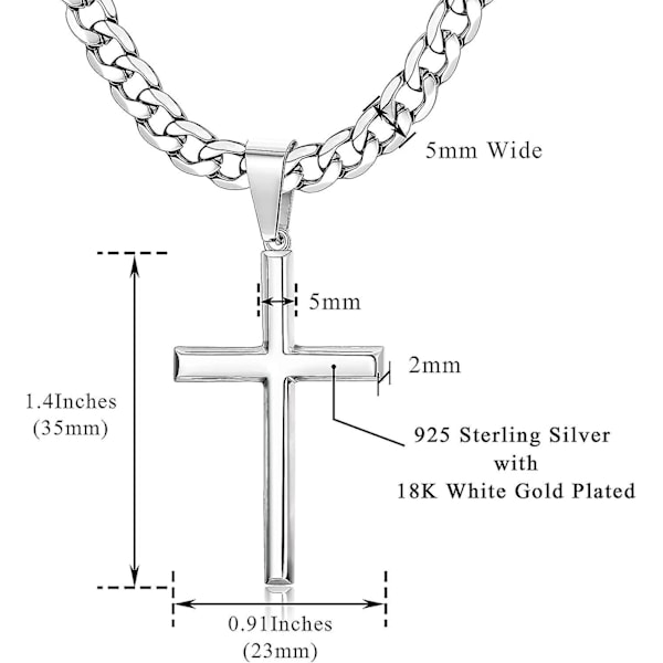 925 Sterling Sølv Kors Hengesmykke 5mm Rustfritt Stål Diamantkuttet Kubansk Kjede Kors Halskjede 41/46/51/56/61/71/76cm