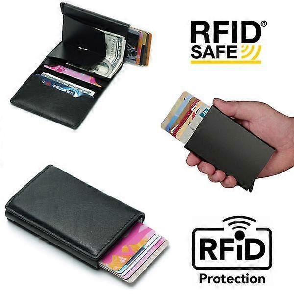 Sort-RFID NFC Beskyttelse Wallet Kortholder 5 stk. Kort (Ægte Læder) Sort