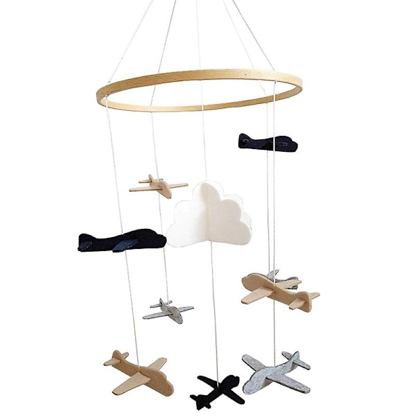 Sängyn yläpuolinen mobile lentokoneilla ja pilvillä | Harmaa ja valkoinen, tummansininen, beige | Vauvan sängyn mobile pojille