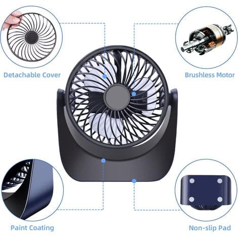 Mini USB-fläkt, tyst, 3 hastigheter – 360° rotation – USB-driven – För kontor och camping – 1,5 m kabel