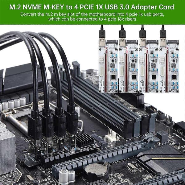 M.2 NVME KEY-M til 4 porter PCI-E 1X USB 3.0 Riser-kort, M.2 B-Key PCI-E Adapterkort for BTC Miner E