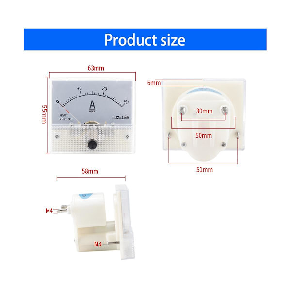 85C1-DC 30A DC Voltmeter Pekehode Analog Amperemeter Panelmåler
