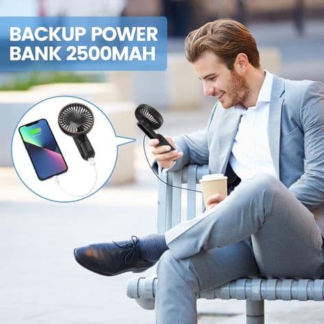Mini USB genopladelig bærbar ventilator med 2500 mAh batteribase og 5 tilstande (sort)