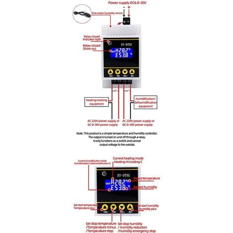 10A LCD-skinne digitalt display termostat temperatur fuktighetskontroller med tokanals sensorrelémodul