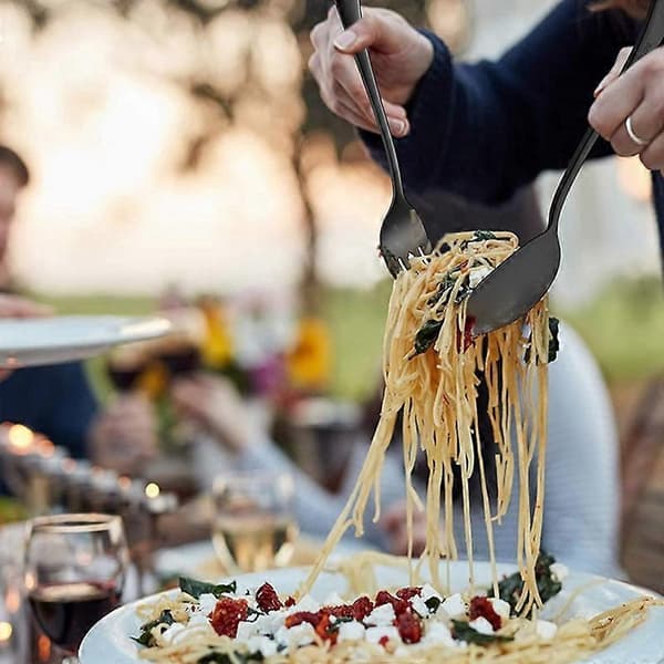 Serveringssæt i rustfrit stål til buffet catering, festbanket, serveringsskeer og gafler, sort