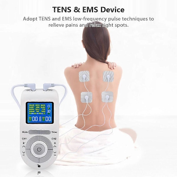 Bärbar TENS & EMS-enhet med dubbla kanaler, pulsmassager, muskelstimulator, 12 massageprogram, 40 styrkenivåer, justerbar timer