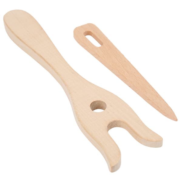 2 Pcs Beech Wood Knitting Fork Set with Small Eye Needle, Multifunctional DIY Craft Tools