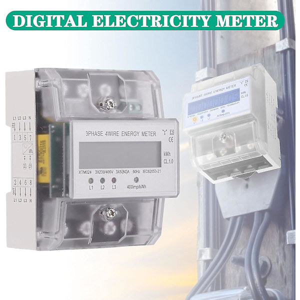 Trefasetæller Eltæller Kalibreret Energimåler Eltæller LCD Digital Trefaset 4-trådet 5-100A 4P KWh Elenergi Forbrug