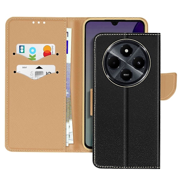 Etui til Xiaomi Redmi 14C Wallet Læder Saffiano Fancy, Sort / Guld