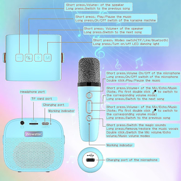 Karaokemaskin för barn med 2 trådlösa mikrofoner, bärbar karaokemaskin med Bluetooth för barn och vuxna, röstförändrande effekter och LED-lampor