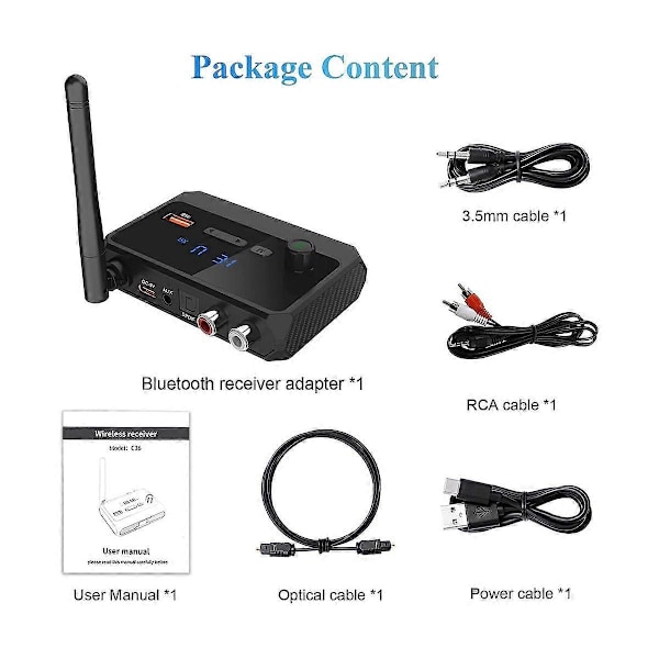 Bluetooth Adapter til Stereo Receiver - Bluetooth 5.3 Receiver, Trådløs Audio Adapter til Hjemme Stereo